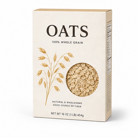 Source product photo of a cream oat cereal box labeled OATS