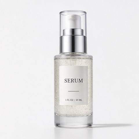 Source product photo of a translucent serum pump bottle labeled SERUM