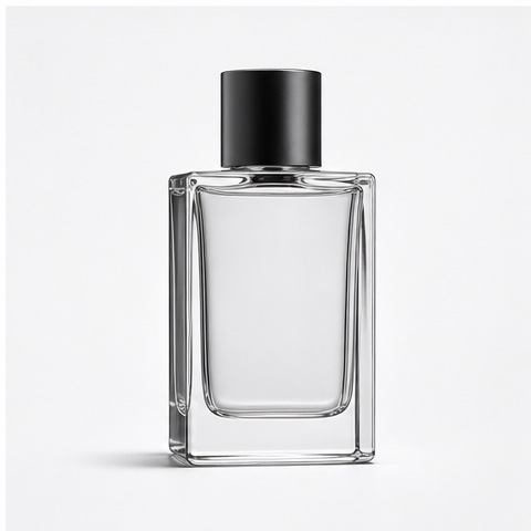 Source product photo of a clear rectangular perfume bottle with a black cap