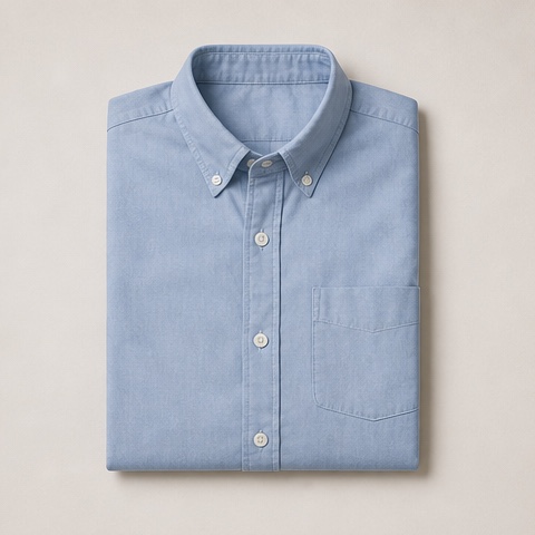 Source product photo of a folded pale-blue cotton button-down shirt