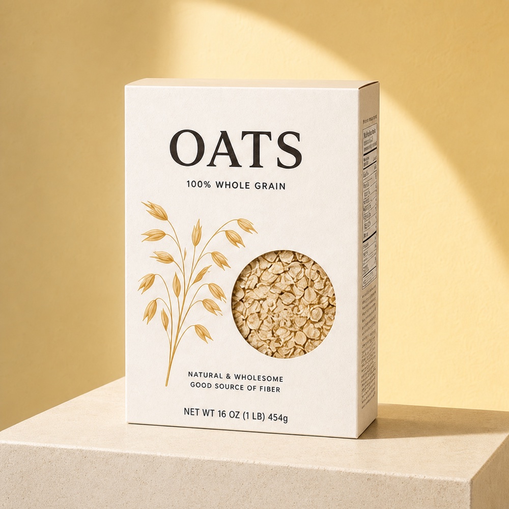 Cream oat cereal box on a pale pedestal against a butter-yellow wall